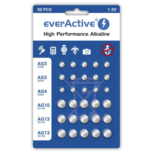 Set of 30 pieces of mini everActive AG3, AG4, AG10, AG13 mini alkaline batteries