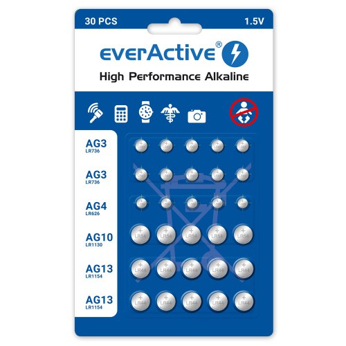 Set of 30 pieces of mini everActive AG3, AG4, AG10, AG13 mini alkaline batteries
