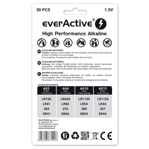 Set of 30 pieces of mini everActive AG3, AG4, AG10, AG13 mini alkaline batteries