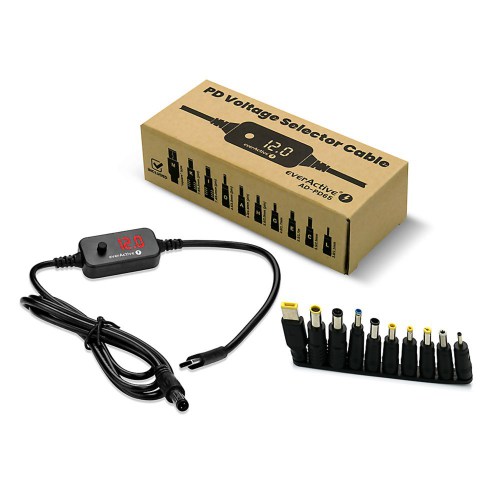 Universal Power Supply, USB-C PD Voltage Selector - DC 5V, 9V, 12V, 15V, 20V, 10 Plugs, everActive AD-PD65