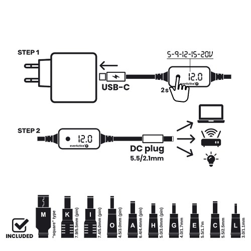 Universal Power Supply, USB-C PD Voltage Selector - DC 5V, 9V, 12V, 15V, 20V, 10 Plugs, everActive AD-PD65