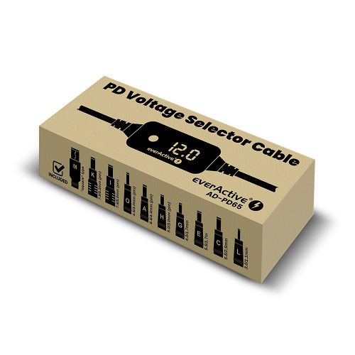 Universal Power Supply, USB-C PD Voltage Selector - DC 5V, 9V, 12V, 15V, 20V, 10 Plugs, everActive AD-PD65