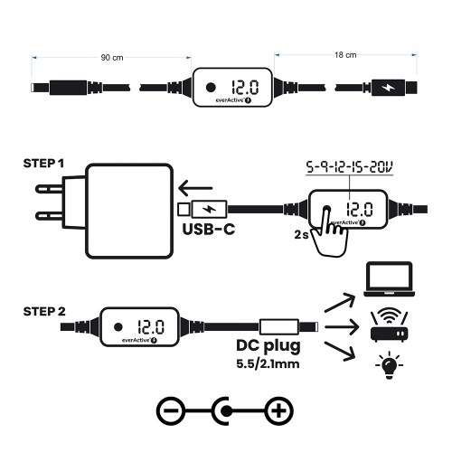 Universal Power Supply, USB-C PD Voltage Selector - DC 5V, 9V, 12V, 15V, 20V, 10 Plugs, everActive AD-PD65