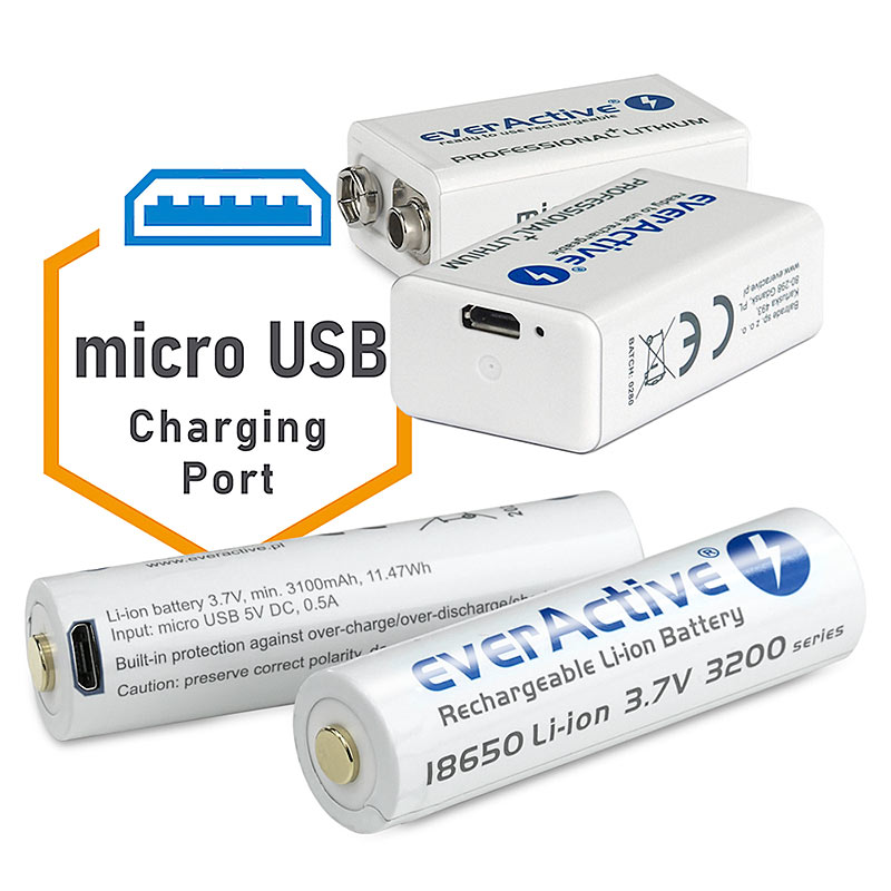 everActive 18650 3.7V Li-ion 3200mAh micro USB battery with BOX protection